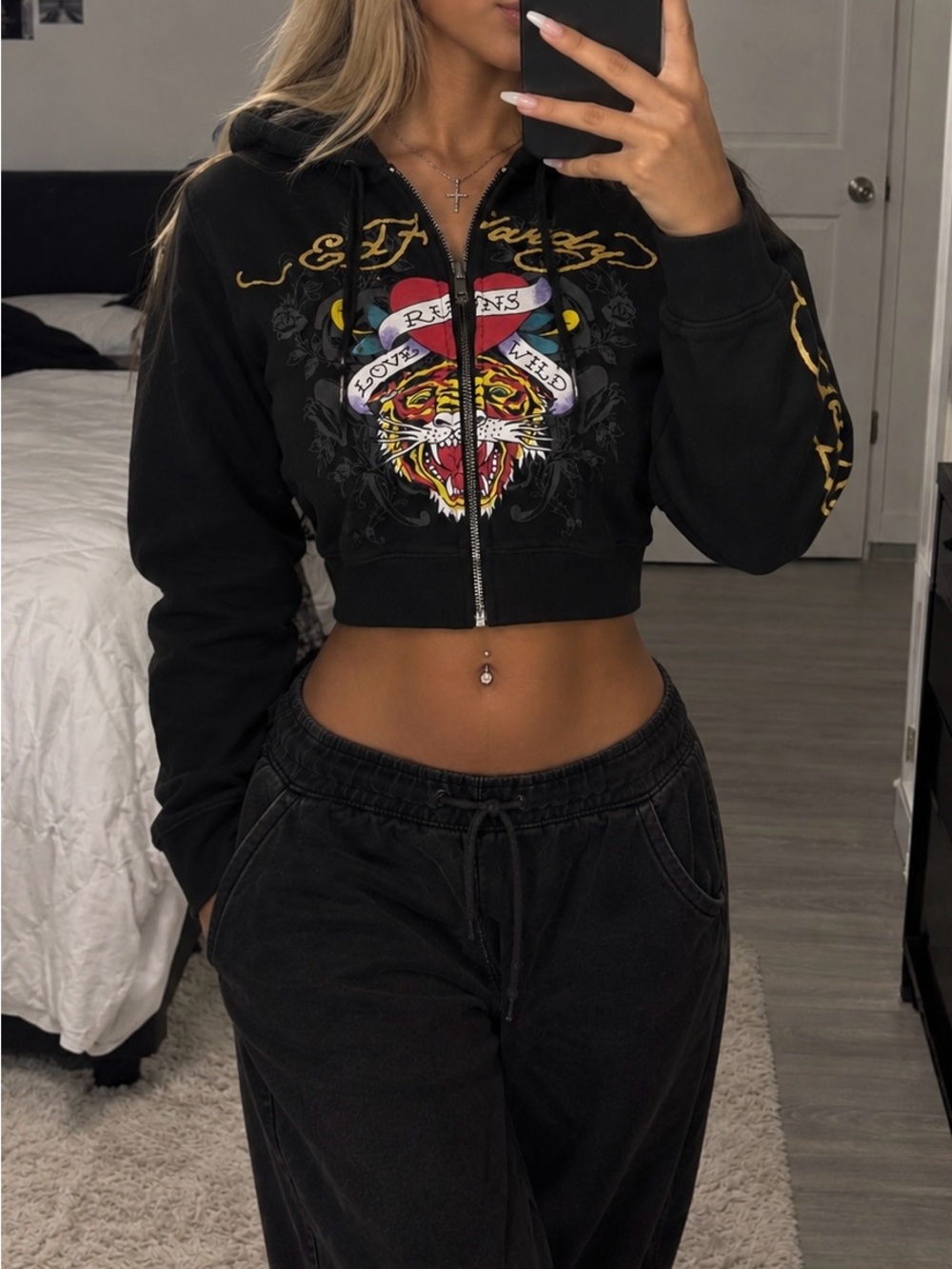 Ed Hardy Black Cropped Zip Hoodie with Multicolor Tiger Graphic